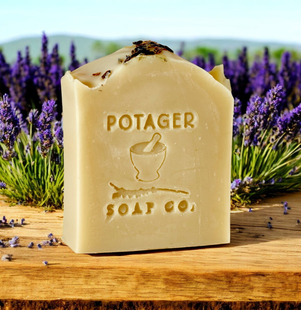 One Bar of 'POTAGER SOAP CO.' branding in a lavender field