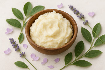 bowl of  shea butter surrounded by herbs