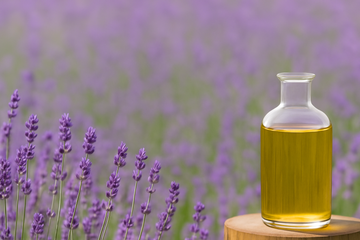 Lavender Fields with a bottle of lavender essential oil to the right on a round wood slab