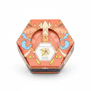 Potager Soap Co. Baudelaire orange blossom honey soap bar in a decorative hexagonal box with floral illustrations