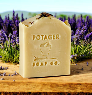 One Bar of 'POTAGER SOAP CO.' branding in a lavender field