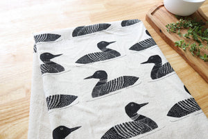 Handprinted Common Loon Kitchen Towel –Natural, Eco-friendly