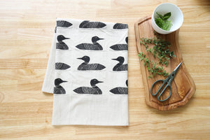 Handprinted Common Loon Kitchen Towel –Natural, Eco-friendly
