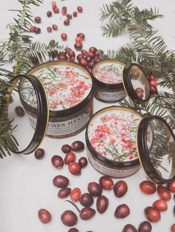 Ash & Rose - Gather Here Cranberry Pine Soy Tin Candle Rose Petal Yew