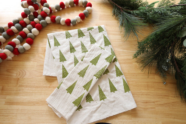 Christmas Tree Tea Towel, Handprinted on Natural Cotton