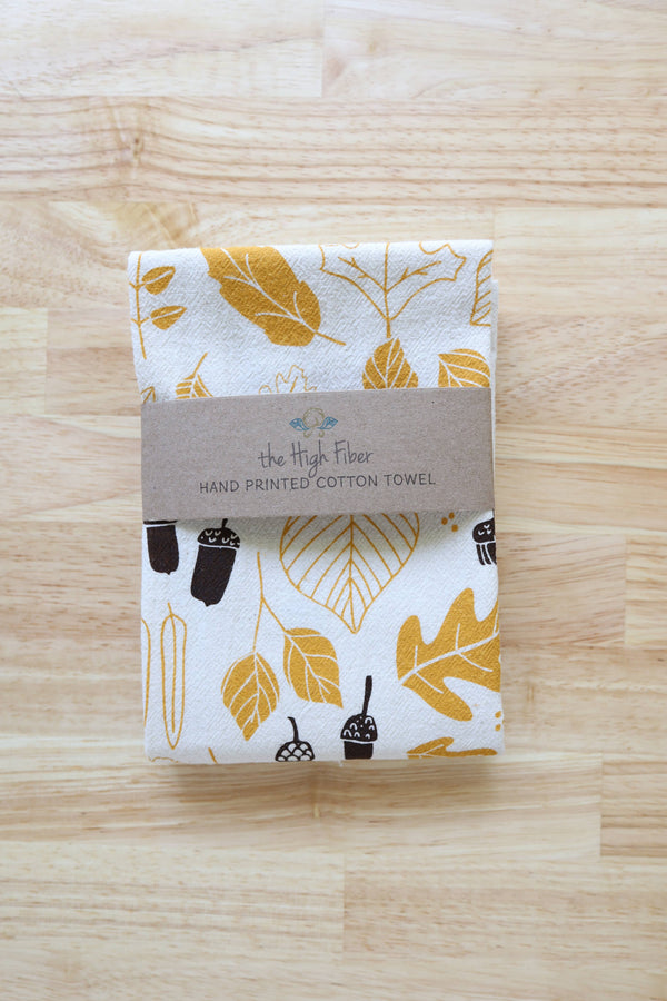 Autumn Leaves and Acorns Kitchen Towel, Handprinted 
