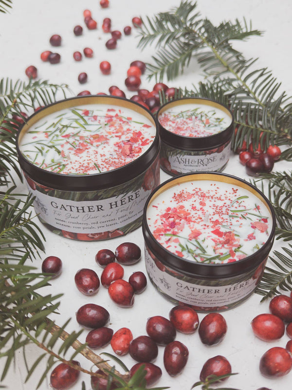 Ash & Rose - Gather Here Cranberry Pine Soy Tin Candle Rose Petal Yew