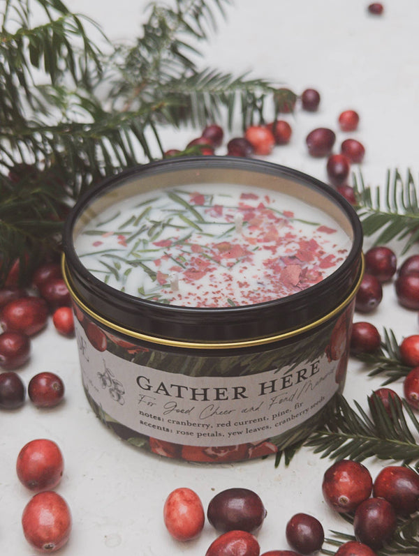 Ash & Rose - Gather Here Cranberry Pine Soy Tin Candle Rose Petal Yew