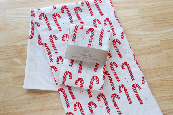Candy Cane Kitchen Towel, Handprinted Christmas Towel