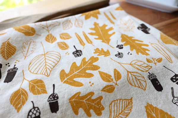 Autumn Leaves and Acorns Kitchen Towel, Handprinted 