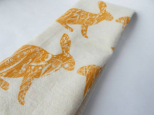Kitchen Towel | Floral Gold Rabbit | Handprinted on Natural Cotton