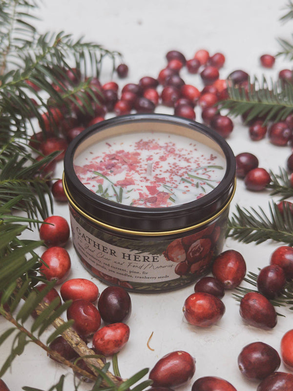 Ash & Rose - Gather Here Cranberry Pine Soy Tin Candle Rose Petal Yew