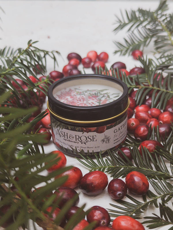 Ash & Rose - Gather Here Cranberry Pine Soy Tin Candle Rose Petal Yew