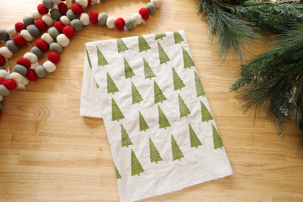 Christmas Tree Tea Towel, Handprinted on Natural Cotton