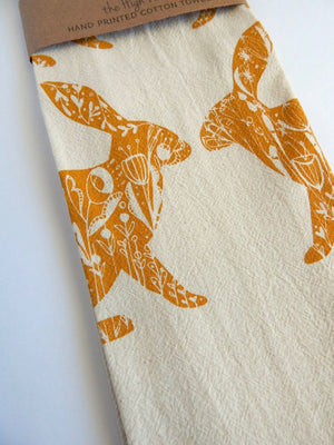Kitchen Towel | Floral Gold Rabbit | Handprinted on Natural Cotton