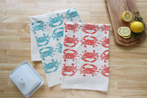 Crab Handprinted Kitchen Towel, Coastal Tea Towel, Blue Crab