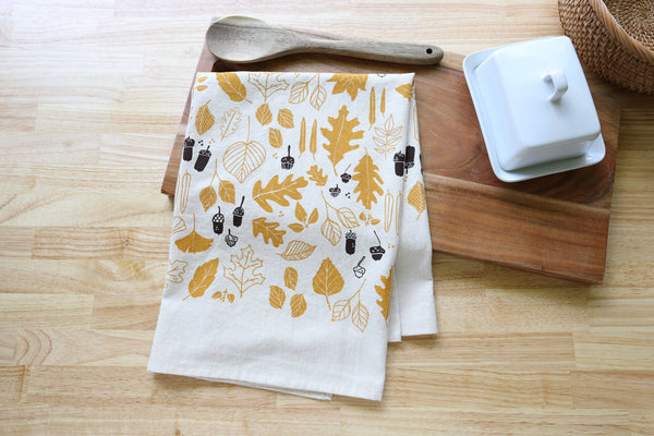 Autumn Leaves and Acorns Kitchen Towel, Handprinted 