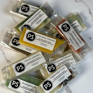 Assorted scents of Potager Soap brand soap on a marble surface