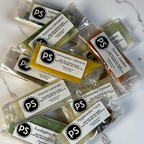 Assorted scents of Potager Soap brand soap on a marble surface