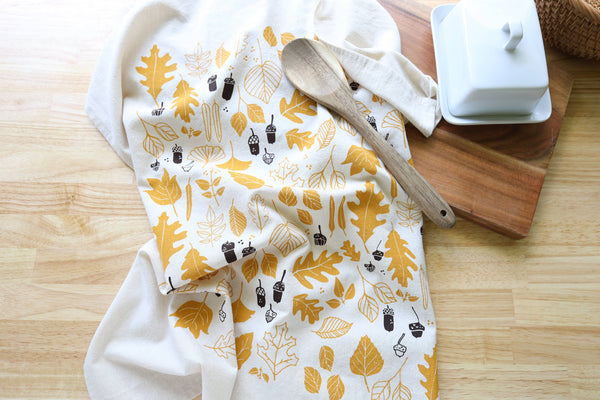 Autumn Leaves and Acorns Kitchen Towel, Handprinted 