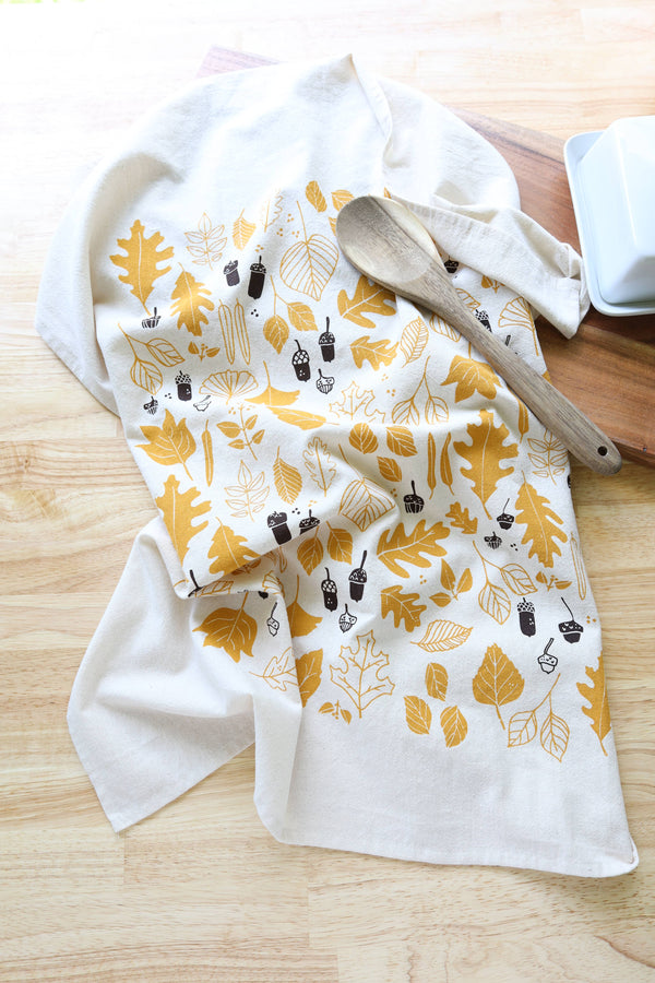 Autumn Leaves and Acorns Kitchen Towel, Handprinted 