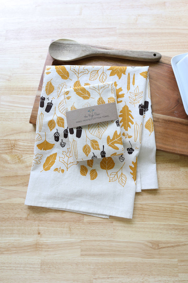 Autumn Leaves and Acorns Kitchen Towel, Handprinted 