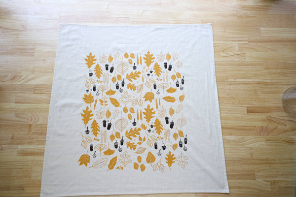 Autumn Leaves and Acorns Kitchen Towel, Handprinted 
