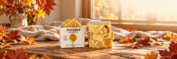 Potager Lemongrass Calendula soap in an autumn scene with a soft upper-right fade