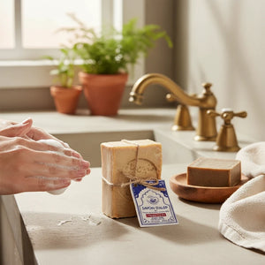 Potager Soap Co. traditional Aleppo soap bar made with olive and bay laurel oil, shown on a bathroom counter.