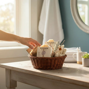 Potager Soap Co. artisan bath gift basket with handcrafted soaps, bamboo brush, and dried lavender in a woven basket.