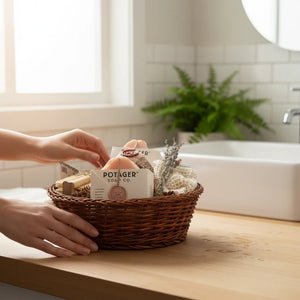 Potager Soap Co. artisan bath gift basket with handcrafted soaps, bamboo brush, wash mitt, and dried lavender.