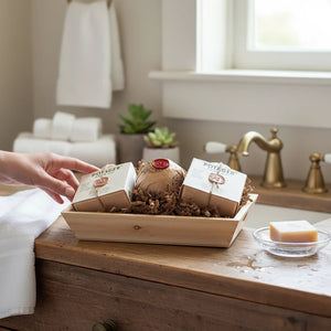 Potager Soap Co. artisan soap gift set with two bars and a bath bomb in a wooden crate with a wax seal