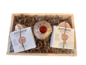Potager Soap Co. artisan soap gift set featuring two Secret Garden soap bars and a bath bomb in a wooden crate.