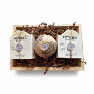 Potager Soap Co. artisan soap gift set featuring two French Lavender soap bars and a bath bomb in a wooden crate.