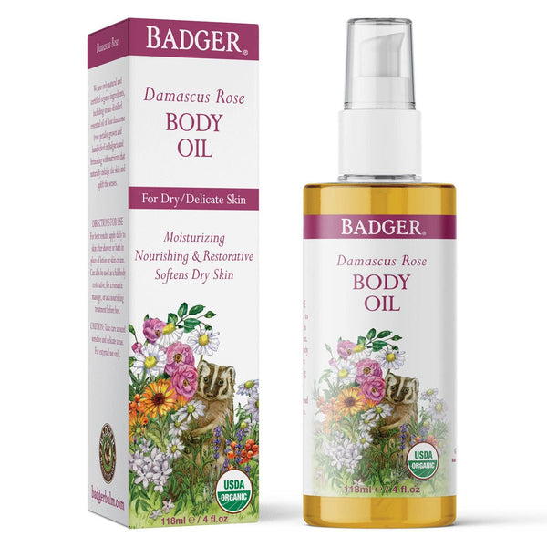 Potager Soap Co. Badger Damascus Rose body oil bottle and box featuring floral illustrations for dry delicate skin