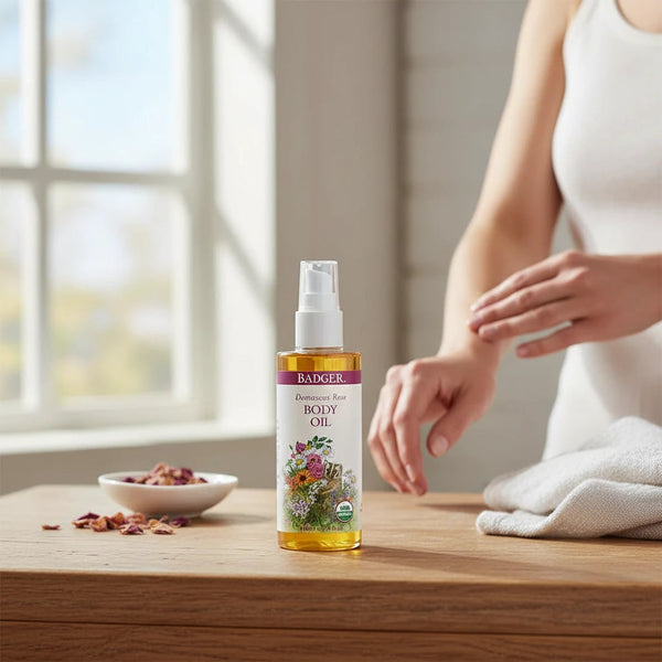 Potager Soap Co. Badger Damascus Rose body oil in a pump bottle on a wooden table with a woman applying it to her arm.