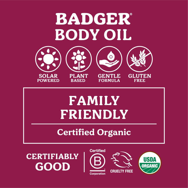 Potager Soap Co. Badger Rose Body Oil label featuring organic, cruelty-free, and solar-powered certification icons.
