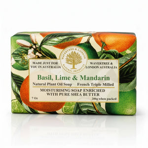 Potager Soap Co. Wavertree & London Basil, Lime & Mandarin triple-milled soap bar with botanical citrus packaging.