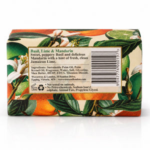 Potager Soap Co. Wavertree & London soap bar packaging featuring botanical illustrations of basil, lime, and mandarin.