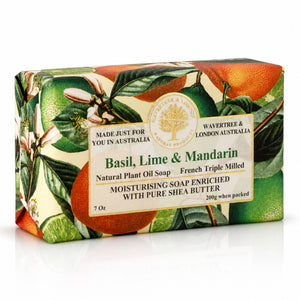 Potager Soap Co. Wavertree & London Basil, Lime & Mandarin triple-milled shea butter soap bar in decorative packaging.