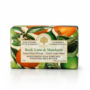 Potager Soap Co. Wavertree & London Basil Lime and Mandarin triple-milled soap bar with botanical citrus packaging