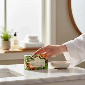 Potager Soap Co. Wavertree & London Basil Lime and Mandarin soap bar with shea butter on a marble bathroom vanity