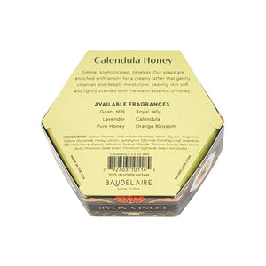 Potager Soap Co. BAUDELAIRE Calendula Honey soap bar hexagonal packaging back view with ingredients and barcode
