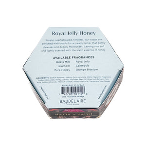 Potager Soap Co. BAUDELAIRE Royal Jelly Honey soap bar in a decorative hexagonal box with ingredient information.