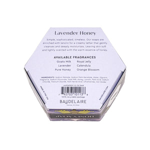 Potager Soap Co. BAUDELAIRE Lavender Honey soap bar in a hexagonal box showing ingredients and product details