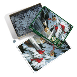 Potager Soap Co. Cobble Hill Bird Watchers 1000-piece jigsaw puzzle featuring cats and cardinals in a snowy scene.