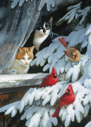 Potager Soap Co. 1000-piece jigsaw puzzle featuring two cats watching vibrant red cardinals in a snowy winter scene.