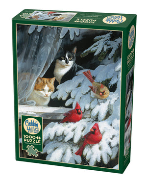 Potager Soap Co. Cobble Hill Bird Watchers 1000-piece jigsaw puzzle box featuring cats and cardinals in winter.