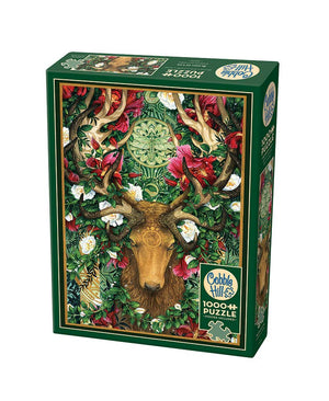 Potager Soap Co. Cobble Hill 1000-piece jigsaw puzzle featuring a mystical stag with floral and dragonfly artwork.