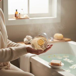 Potager Soap Co. lemongrass bath bomb sphere wrapped in artisanal paper with a gold wax seal held over a bathtub.